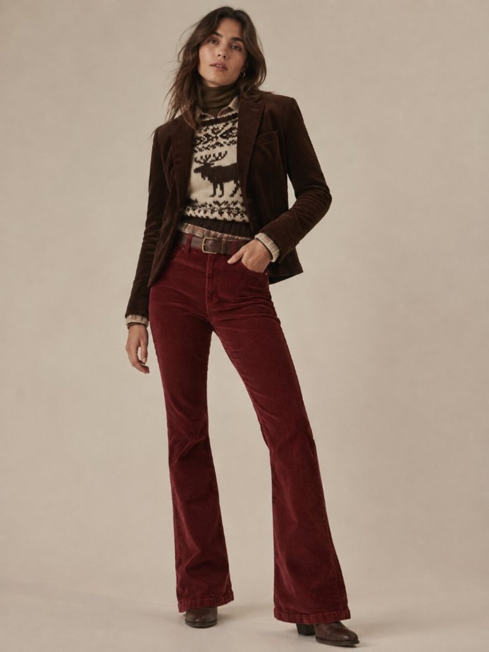 Kensie Flare Corduroy Pants Rust Brown High Rise 70s Retro Boho